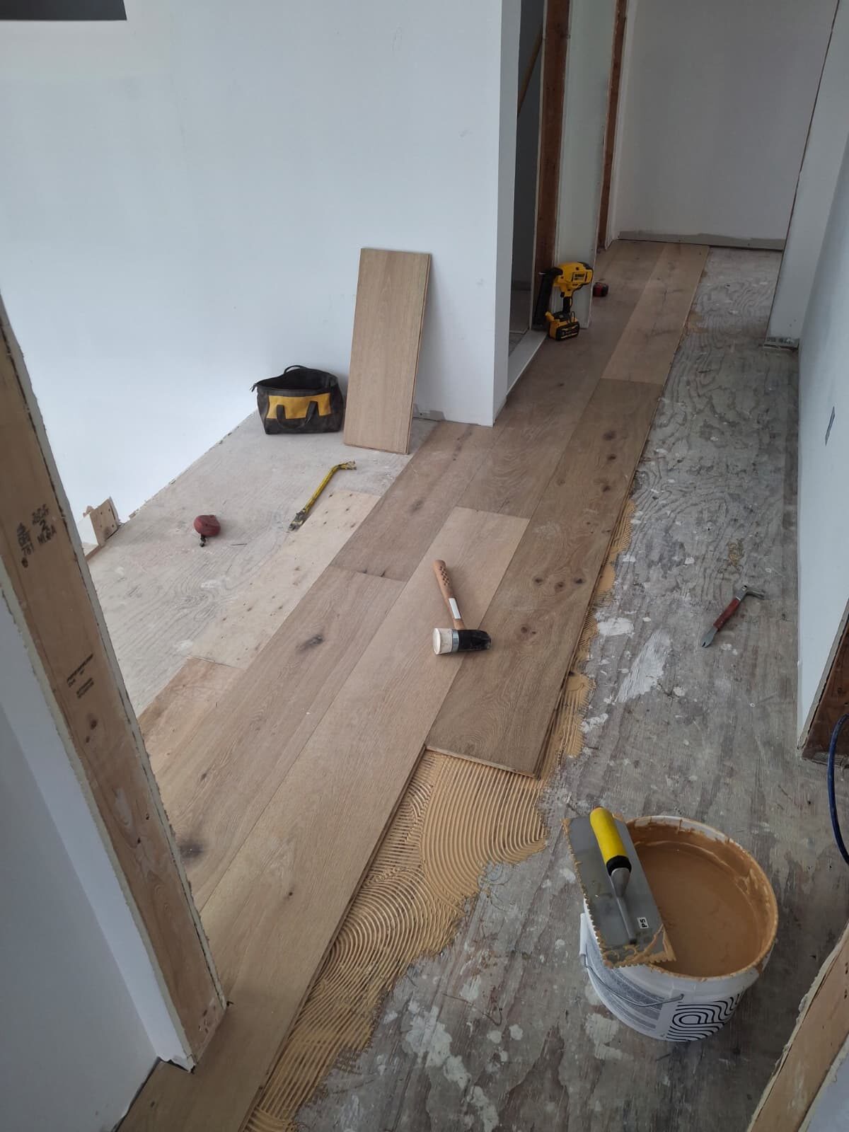 Troweled adhesive ridges on subfloor during wide-plank glue-down engineered hardwood installation